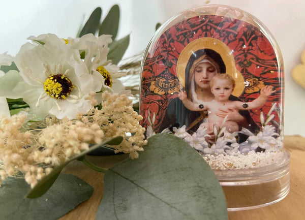 BOULE A NEIGE IMPRIMEE VIERGE A L'ENFANT J'AI VU LA VIERGE